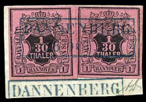 German States, Hannover #3 (Mi. 3b) Cat€150, 1851 1/30th black on salmon, t...