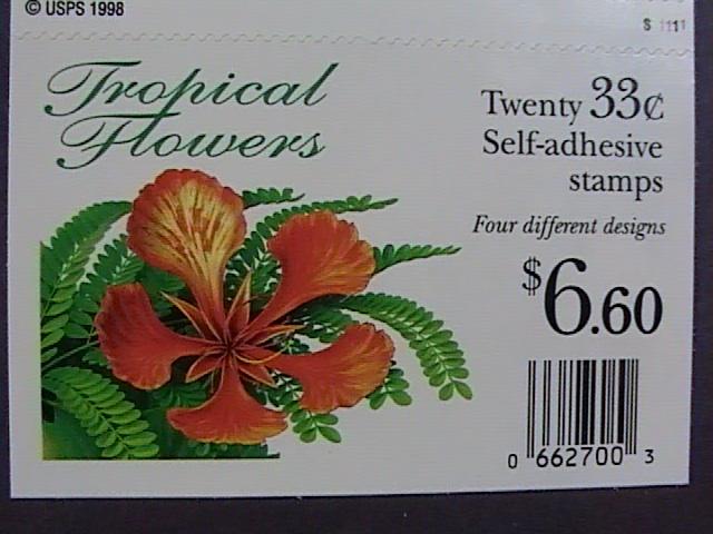 U.S.# 3310-3313(3313b)-MINT/NH-BOOKLET PANE OF 20--TROPICAL FLOWERS--1999