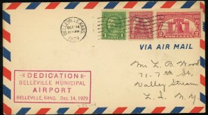 Belleville Kansas Municipal Airport Dedication 1929 Airmail Cover 5c Postage USA