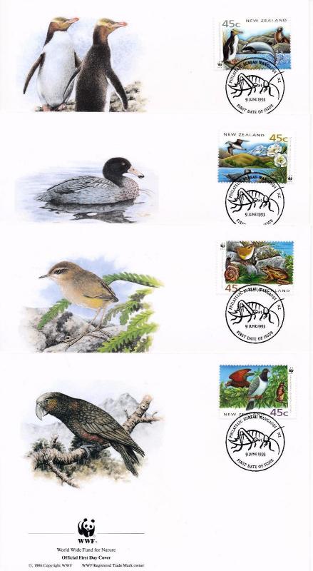 [53609] New Zealand 1993 Birds Vögel Oiseaux Ucelli WWF FDC Frog Snail 4 covers