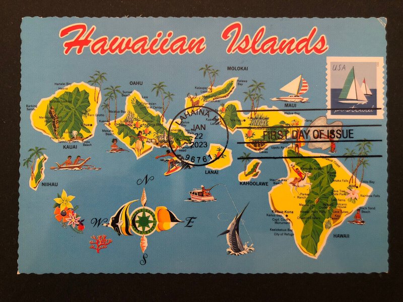 Sailboats 2023 FDC MaxiCard vintage postcard Lahaina, Maui Hawaii Islands Map