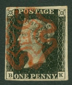 SG 2 1d black plate 6 lettered BK. Very fine used with a red Maltese cross...