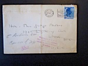 Romania 1936 Cover to USA w/ Washington DC Cancel Only / Light Fold - Z4925