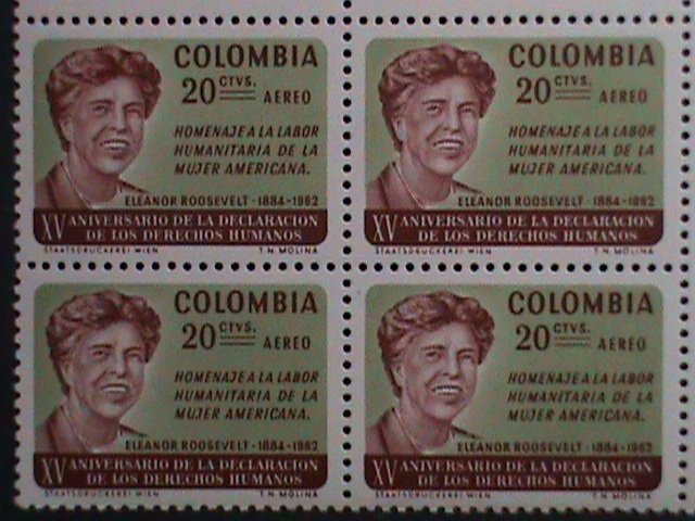 ​COLUMBIA-1964 SC# C462 ELEANOR ROOSEVELT-MNH IMPLINT PLATE BLOCK VERY FINE