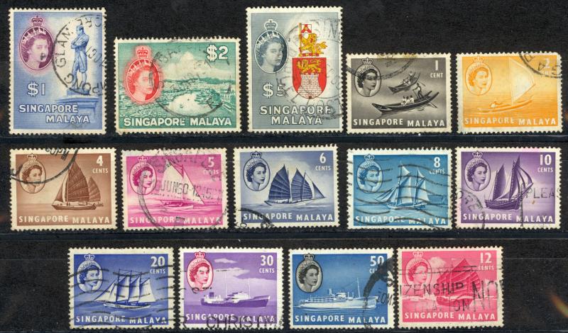 Singapore Sc# 28-42 (no 25c) Used 1955 Boats and Sights of Sinapore