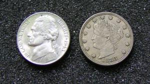 1883 \NO CENTS\ LIBERTY NICKEL AU & 1943-P SILVER JEFFERSON 