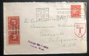 1938 Sydney Australia Postage Due Cover To Oceanside CA USA Prevent Bush Fires