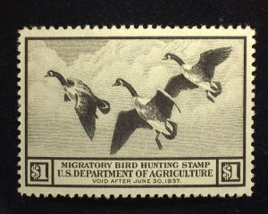 HS&C: Scott #RW3 1 dollar Hunting Permit. Outstanding large margin.  XF/S MNH