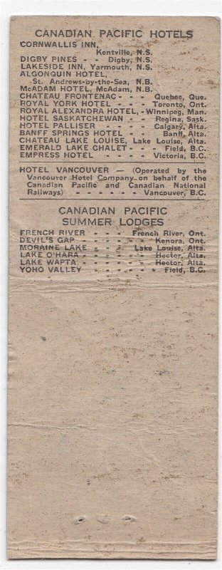 Canada Revenue 1/5¢ Excise Tax Matchbook CANADIAN PACIFIC HOTELS