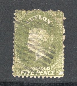 Ceylon #52     F/VF, Used, 5p olive green, CV $350.00 .....  1290036