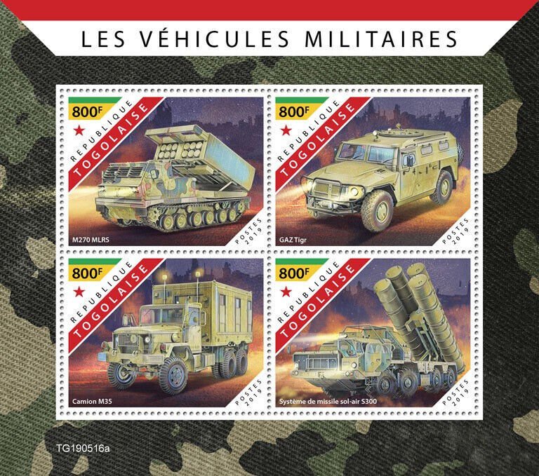 Military Vehicles Stamps Togo 2019 M270 MLRS Camion M35 GAZ Tigr 4v M/S