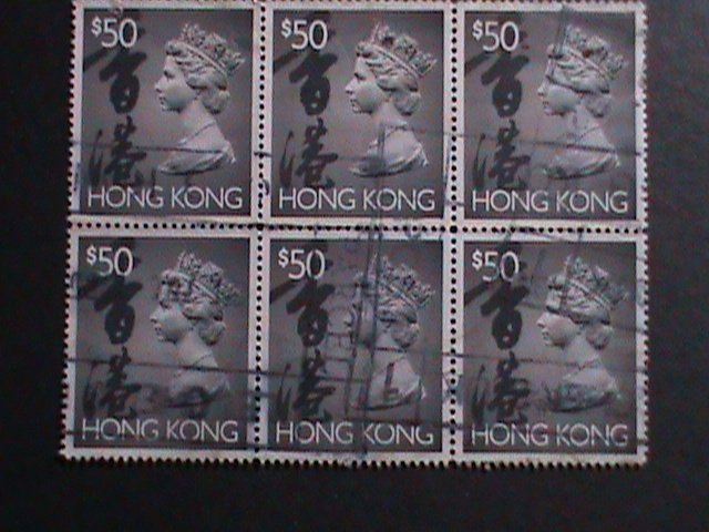 ​HONG KONG-1992-SC# 651E-QUEEN ELIZABETH II $50-CTO BLOCK OF 6 KEY STAMPS