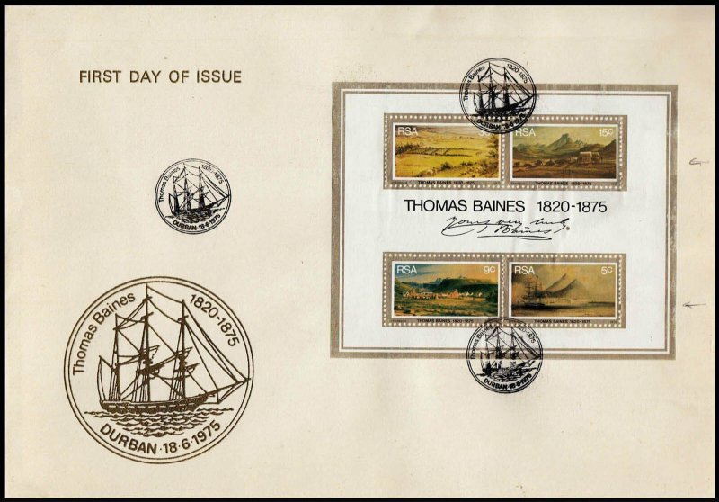 SOUTH AFRICA - 1975 THOMANS BAINES' PAINTINGS M/S FDC WITH SHIP CANCL.