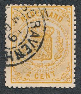 NETHERLANDS 21 USED, F-VF 2c BUFF, COAT OF ARMS