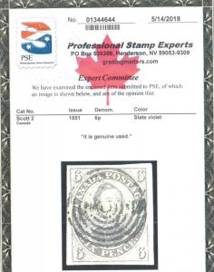 Canada #2 Extra Fine Used With Sharp Laid Lines **With Certificate**