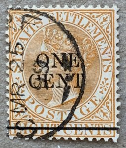 Straits Settlements 1892 1c on 8c orange, used. Scott 80, CV $4.25. SG 91