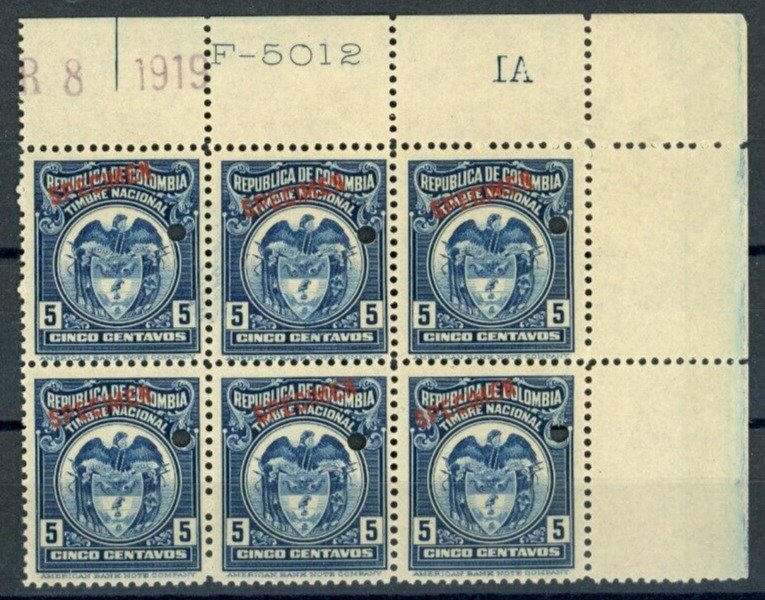 COLOMBIA Revenues 5c ABNCo SPECIMEN 1919 Marginal Corner Block{6}MNH ZU20