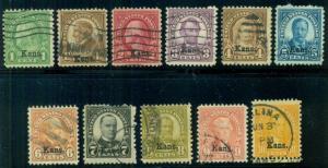 US #658-68 1¢ to 10¢ Kansas Ovpts Complete set, used, F/VF, Scott $179.15