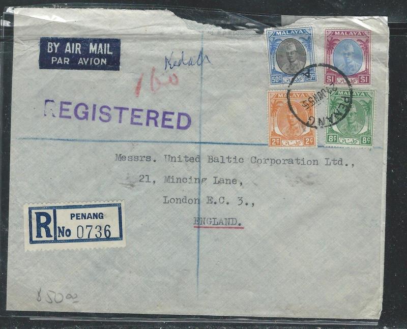 MALAYA KELANTAN  (P2508B) 1955 2C+8C+50C+$1.00 REG COVER FROM PENANG TO UK