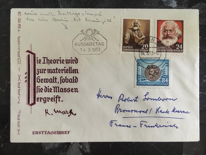 1953 Berlin East Germany DDR First Day Cover FDC Marx Engels to France