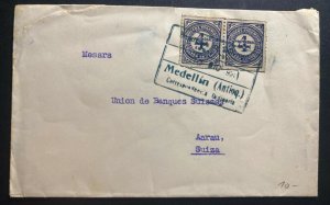 1920 Medellin Colombia Cover To Swiss Bank Aarau Switzerland Provisional Stamp