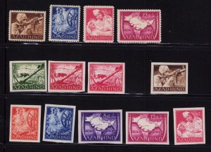 Azad Hind Stamp Lot. 9 Imperf, 4 Perforated. All Mint Hinged WWII