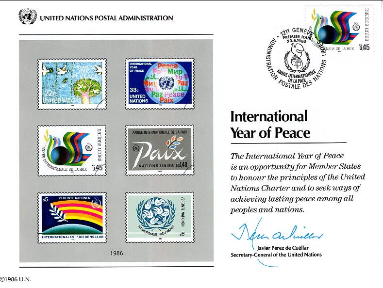 UN SC30 Year of Peace Souvenir Card Geneva Cancel FDC