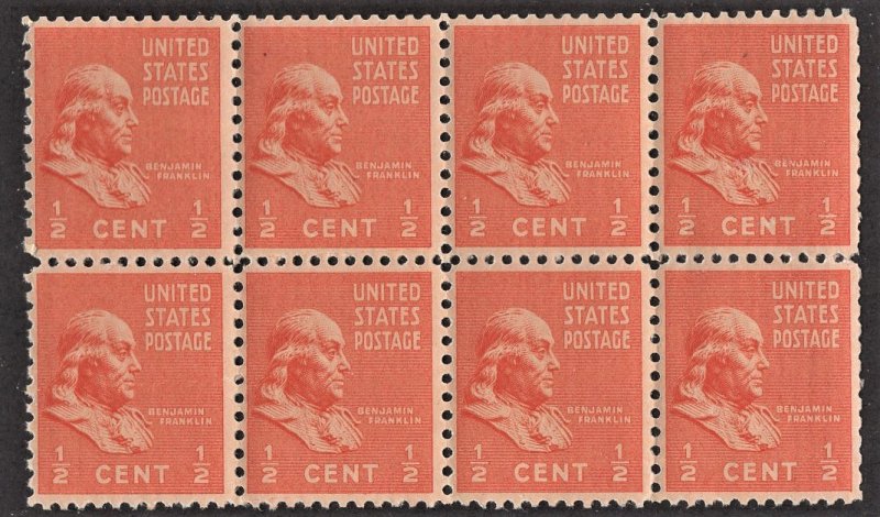 US 803 MNH VF 1/2 Cent Benjamin Franklin Block of 8