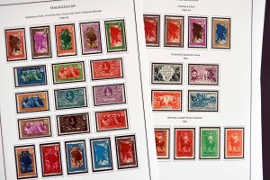 COLOR PRINTED FRENCH MADAGASCAR 1889-1957  STAMP ALBUM PAGES (46 illustr. pages)