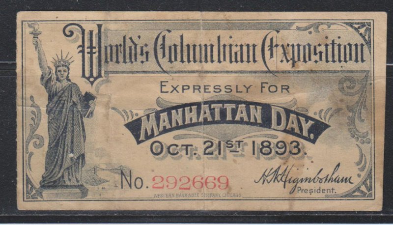 US 1893 World's Columbian Exposition Entrance Ticket