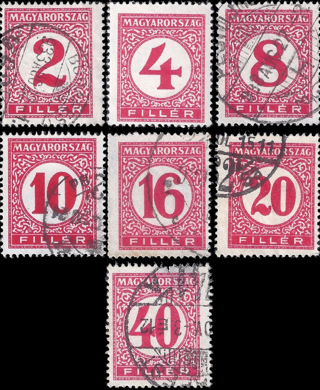 Hungary 1928-32 Sc J117-23 U vg-vf J123 has a small tear