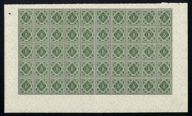 w7 Wurttemberg Scott #O15 5pf green Mint OG NH full pane of 50. Scarce!