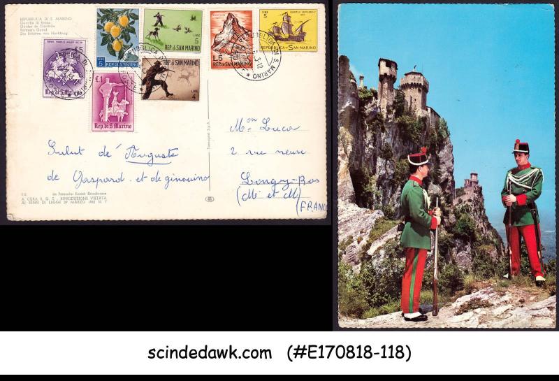 SAN MARINO - 1963 FORTRESS'S GUARD PIC. POSTCARD TO FRANCE WITH STAMPS