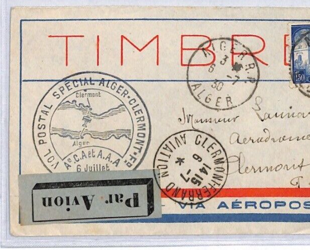 France ALGERIA Air Mail Cover AEROPOSTALE SPECIAL FLIGHT Clermont 1930 YF110