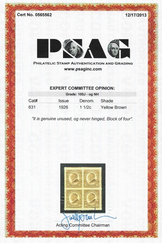 631 MNH 1 1/2c.  Harding, Superb, Block,  PSAG Cert. Free Insured Shipping