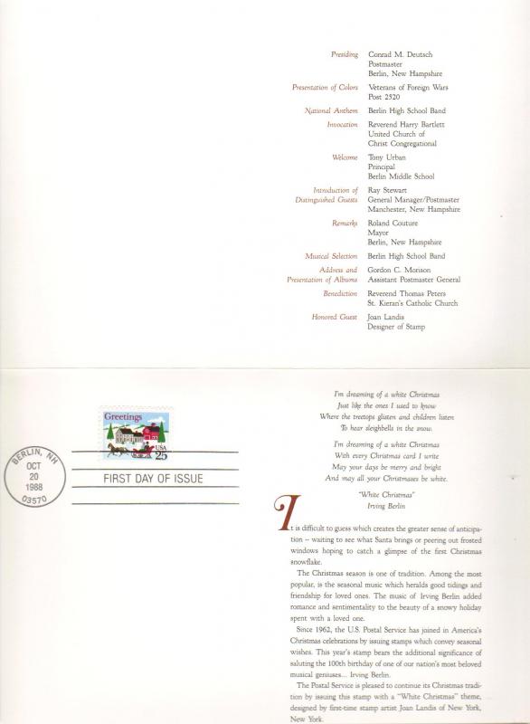 US #2400 25c Christmas Issue FDC Cermony Program CV $10.00