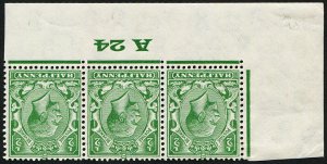 GB 1924 ½d sg418wi wmk inverted control A24 corner strip of three very fine mi