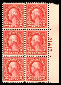 US #634 PLATE BLOCK of 6, VF/XF mint never hinged, only stamp hinged, super f...