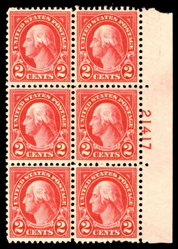 US #634 PLATE BLOCK of 6, VF/XF mint never hinged, only stamp hinged, super f...