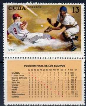 CUBA Sc# 1432 WORLD BASEBALL CHAMPIONSHIP   stamp + label  1969 MNH  mint