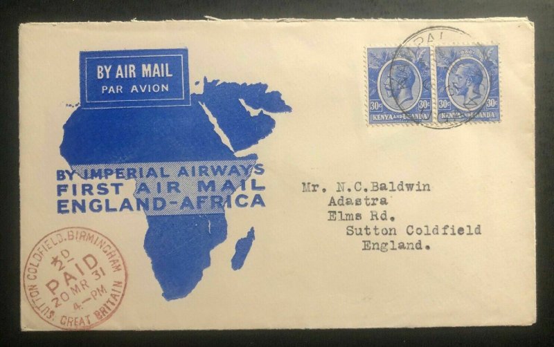 1931 Kampala Uganda KUT First Flight Cover FFC To Sutton Coldfield England