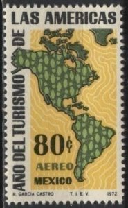 Mexico C413 (mnh) 80c Tourism Year, map, of Americas, back, yel & grn (1972)