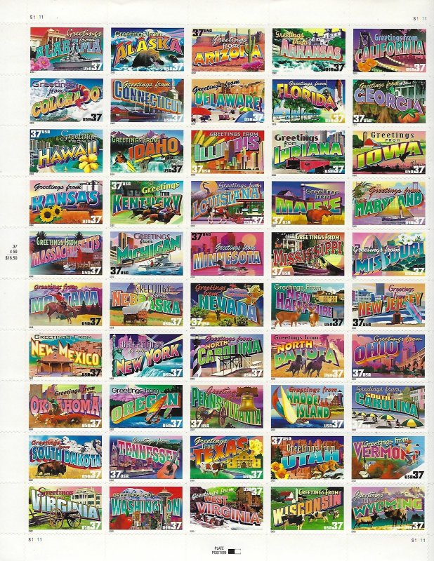 Catalog #3696-45 Sheet of 50 Stamps Greetings From 50 States Copys of PPostcards
