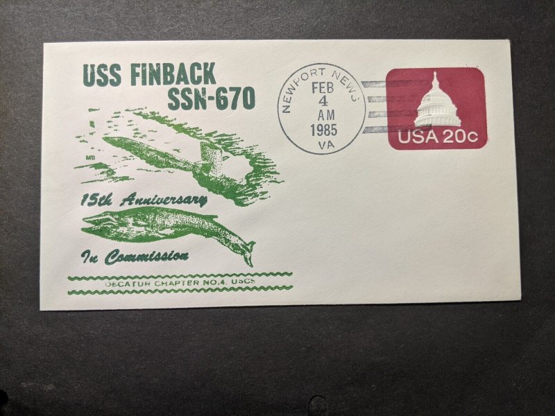 Submarine USS FINBACK SSN-670 Naval Cover 1985 Anniversay Cachet Newport News VA