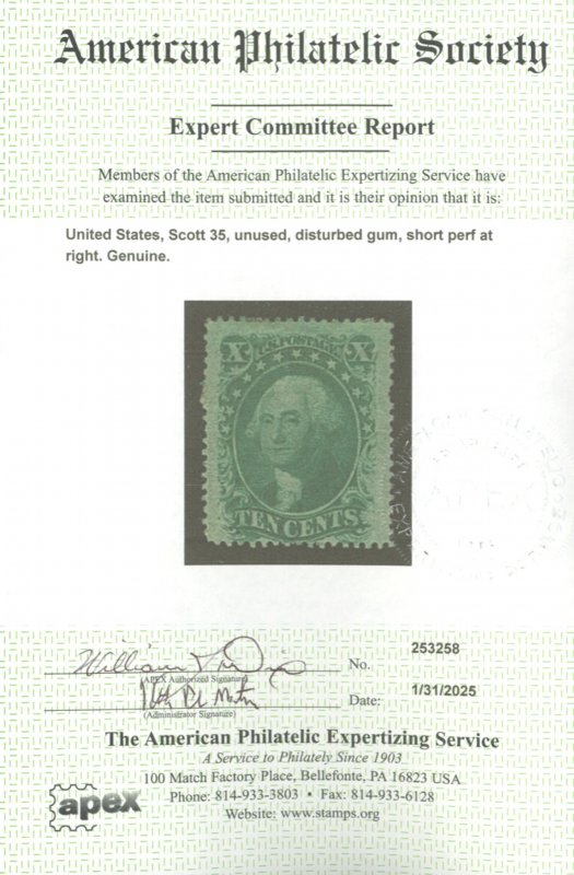 U.S. #35 UNUSED WITH APS CERT