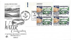 #1150 FDC, 4c Water Conservation, Art Craft cachet, plate block of 4