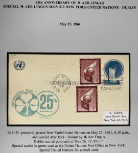 1961 United nations Usa aer Lingus 25th Anniv Flight postcard Cover to New York