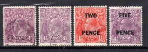 Australia 1918-30 Sidehead values on stockcard SG 64, 103 and 119-20 FU CDS