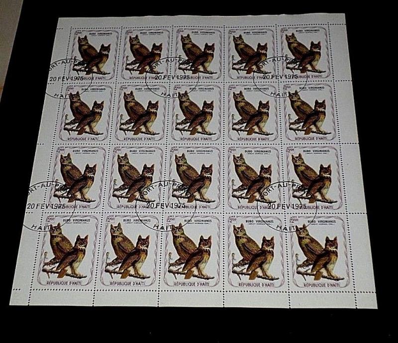 HAITI, 1975, 2.50 GOURDES, AUDUBON BIRDS, HORNED OWL, SHEET/20, CTO, NICE! LQQK