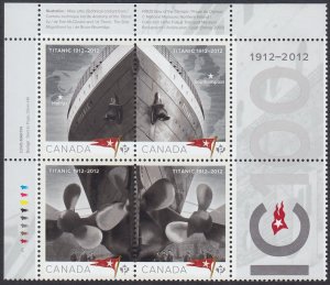 Canada 2012 #2534a MNH = TITANIC = UL block of 4 with labels